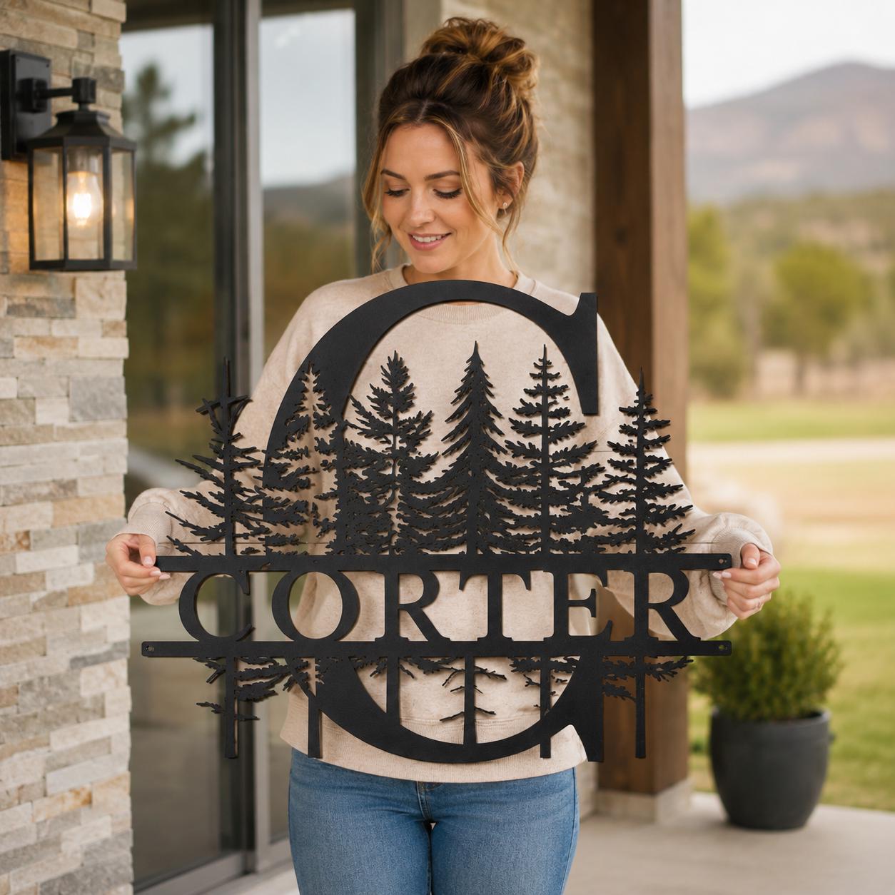 Custom Family Name Metal Sign, Personalized Monogram Wall Art, Pine Forest Last Name Sign, Cabin Lodge Decor, Housewarming Gift for Home