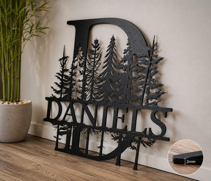 Custom Family Name Metal Sign, Personalized Monogram Wall Art, Pine Forest Last Name Sign, Cabin Lodge Decor, Housewarming Gift for Home