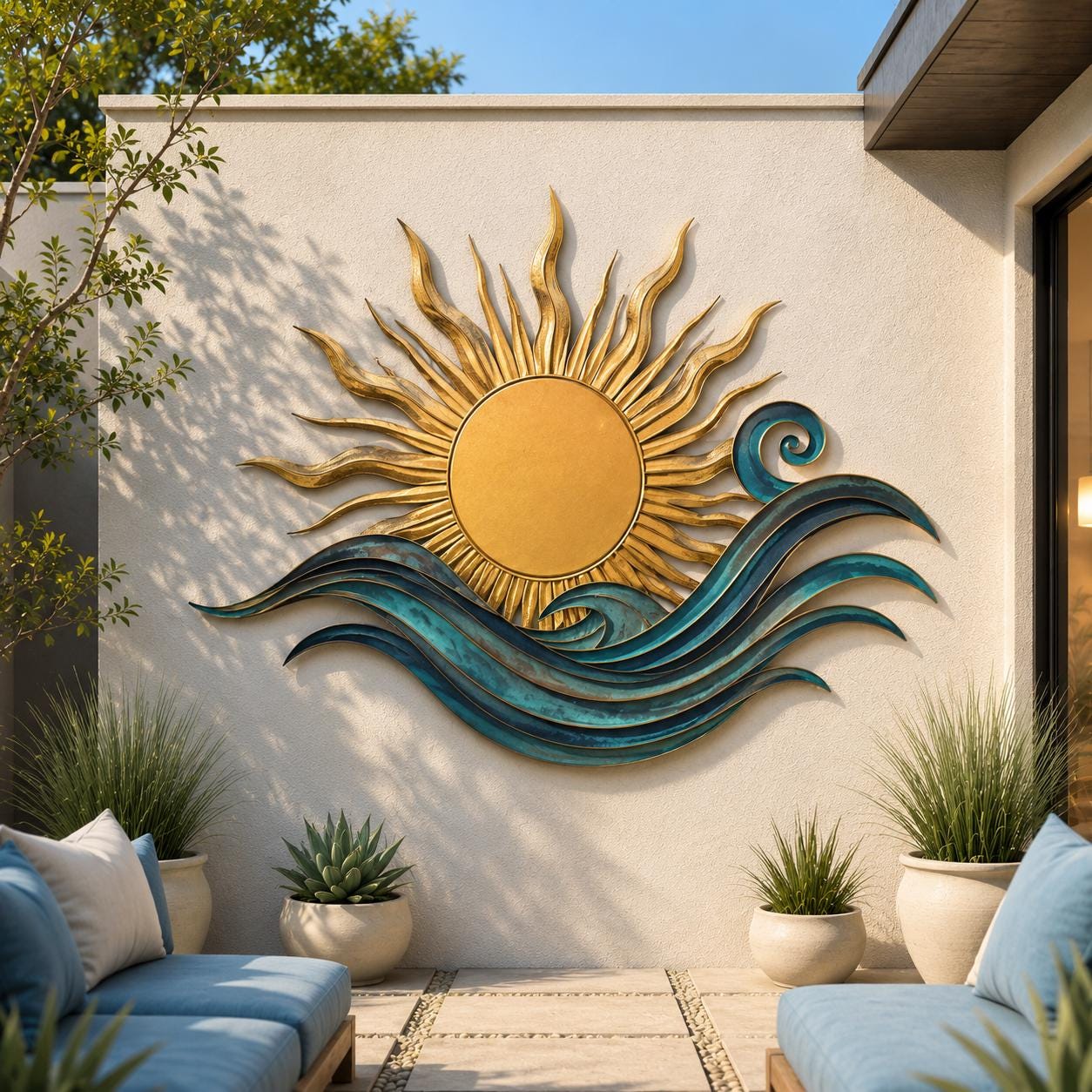 Sun and Wave Metal Wall Art, Coastal Sunrise Wall Decor, Ocean Beach House Sign, Outdoor Patio Wall Art, Nautical Home Decor Gift for Patio