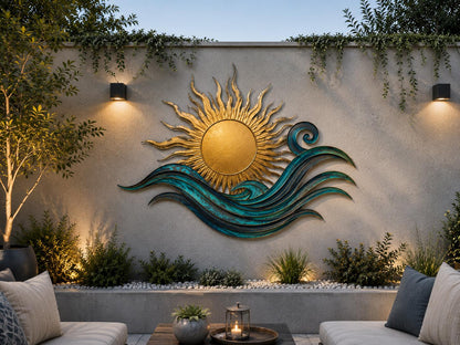 Sun and Wave Metal Wall Art, Coastal Sunrise Wall Decor, Ocean Beach House Sign, Outdoor Patio Wall Art, Nautical Home Decor Gift for Patio