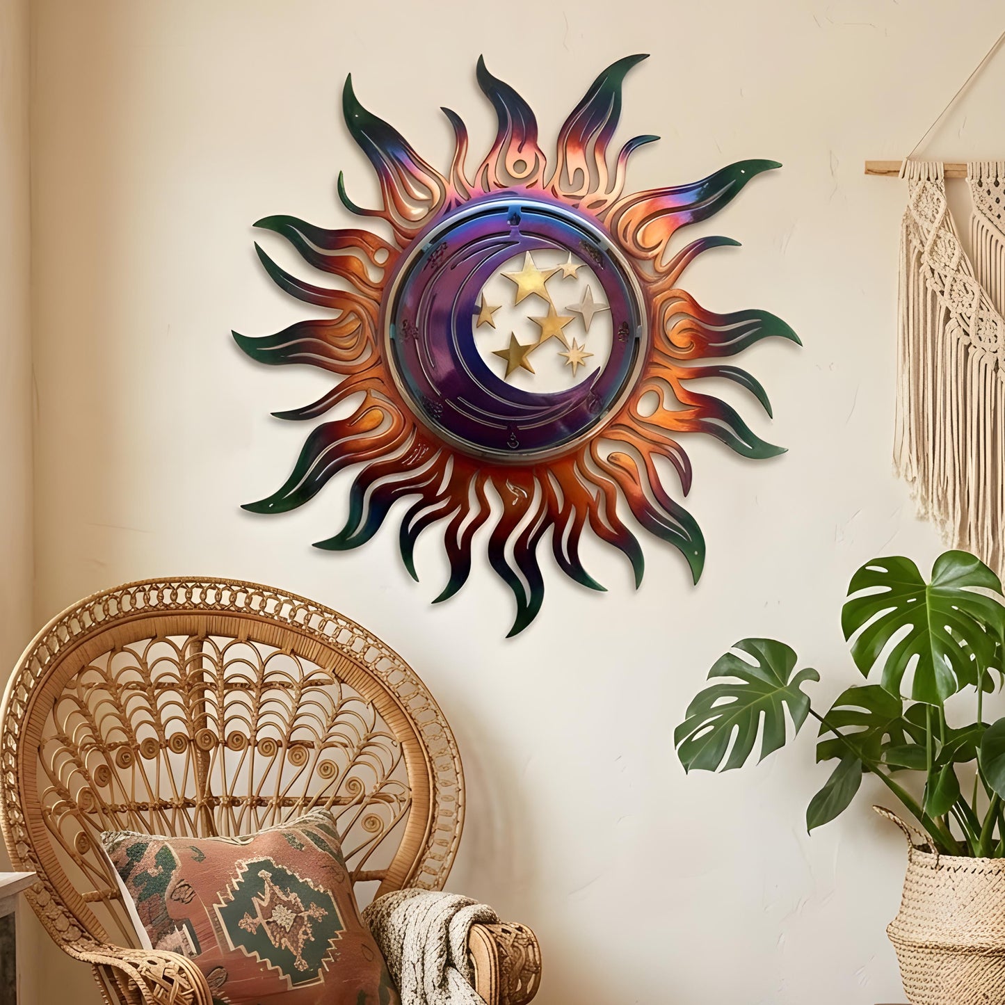 Celestial Sun Moon Metal Wall Art, Iridescent Rainbow Outdoor Decor Laser Cut Sunburst Wall Hanging, Boho Patio Garden Yard Sign Witchy Gift