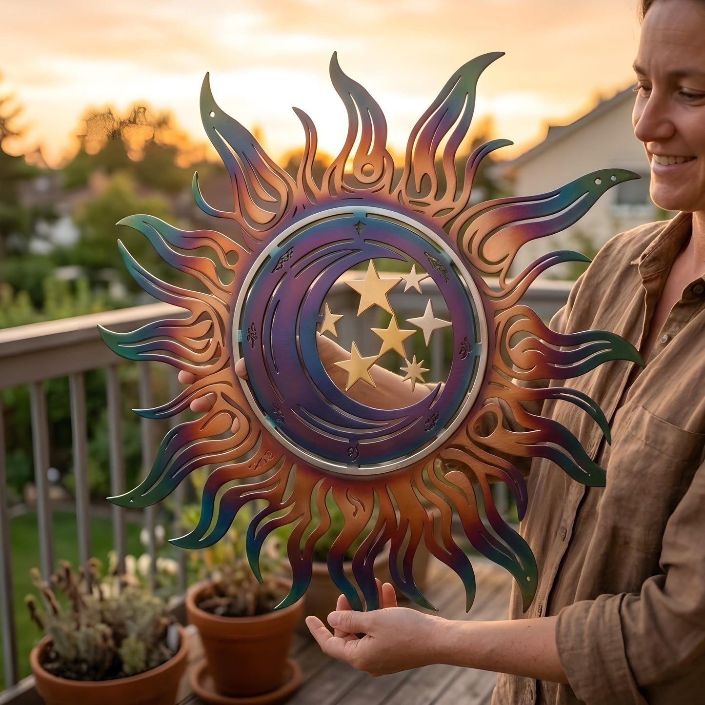 Celestial Sun Moon Metal Wall Art, Iridescent Rainbow Outdoor Decor Laser Cut Sunburst Wall Hanging, Boho Patio Garden Yard Sign Witchy Gift