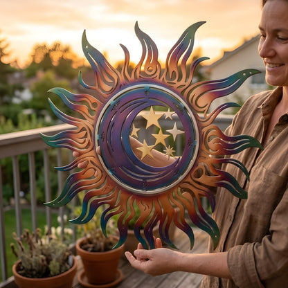 Celestial Sun Moon Metal Wall Art, Iridescent Rainbow Outdoor Decor Laser Cut Sunburst Wall Hanging, Boho Patio Garden Yard Sign Witchy Gift