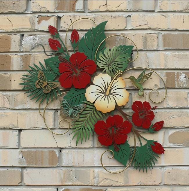 Red Hibiscus Metal Wall Art Tropical Garden Decor, 2D Layered Floral Wall Hanging with Leaves, Butterflies, Hummingbird, Patio Porch Outdoor