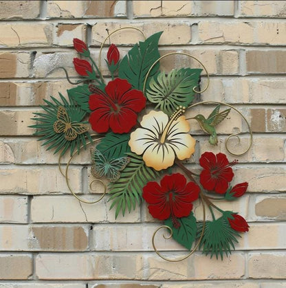 Red Hibiscus Metal Wall Art Tropical Garden Decor, 2D Layered Floral Wall Hanging with Leaves, Butterflies, Hummingbird, Patio Porch Outdoor