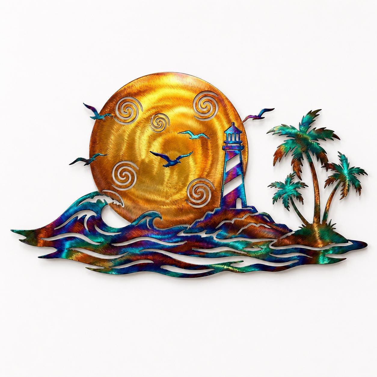 Handmade Metal Wall Art Sun Moon Lighthouse Beach Scene Ocean Waves Palm Trees Coastal Home Decor for Living Room or Office