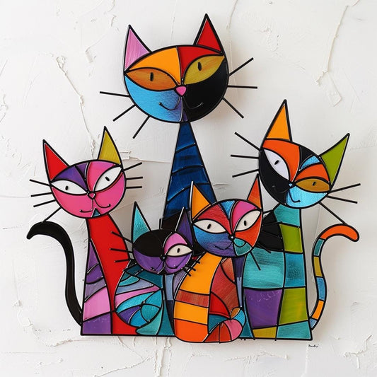 Colorful Cat Family Metal Wall Art, Abstract Feline Decor, 2D Aluminum Cat Sign, Cute Pet Lover Gift for Living Room, Nursery Wall Decor