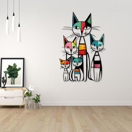Colorful Cat Family Metal Wall Art, Abstract Feline Decor, 2D Aluminum Cat Sign, Cute Pet Lover Gift for Living Room, Nursery Wall Decor