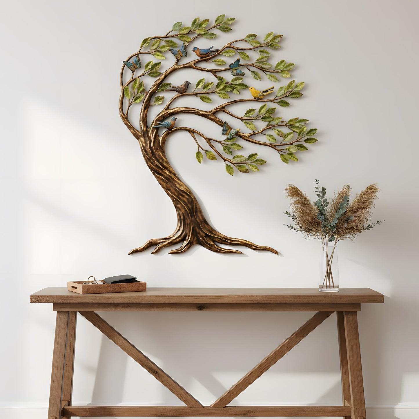 Metal Tree of Life Wall ArtRustic Modern Nature-Inspired Sculpture, Large Iron Tree with Leaves Home Decor for Living Room Office or Garden