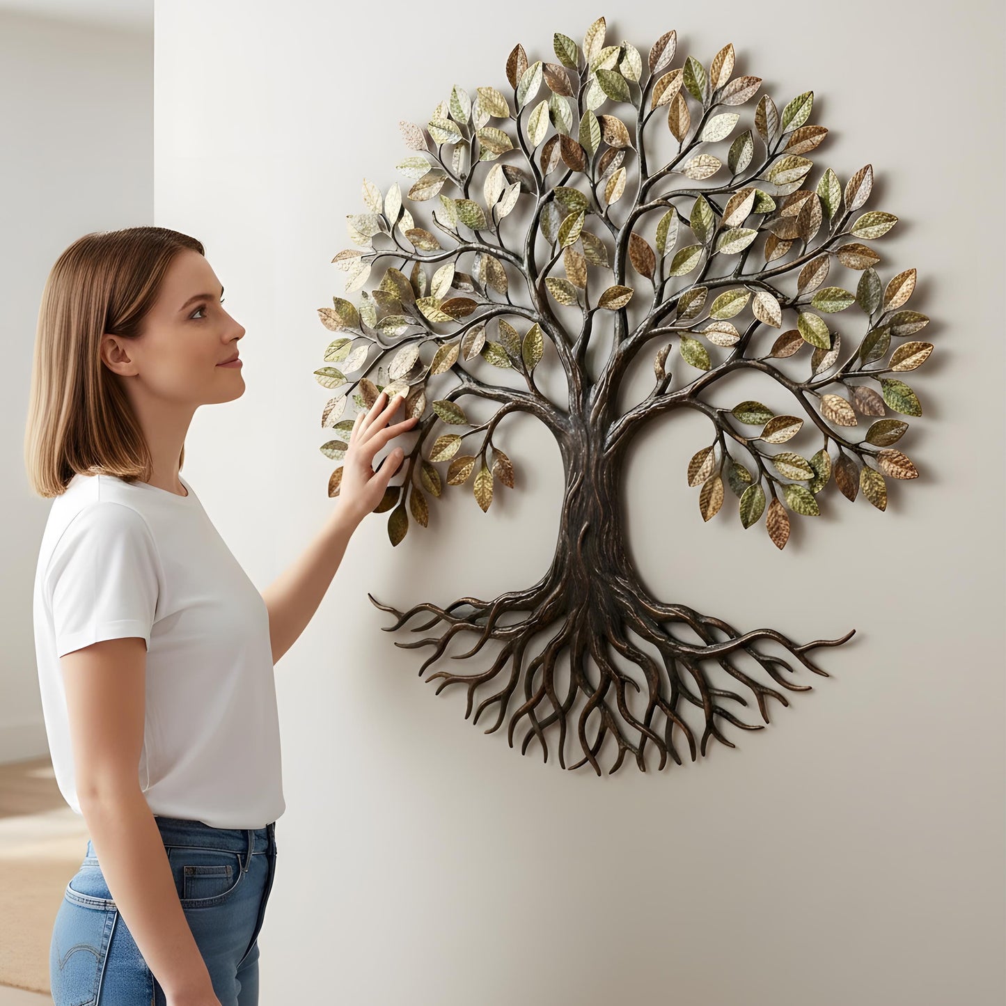 Metal Tree of Life Wall ArtRustic Modern Nature-Inspired Sculpture, Large Iron Tree with Leaves Home Decor for Living Room Office or Garden
