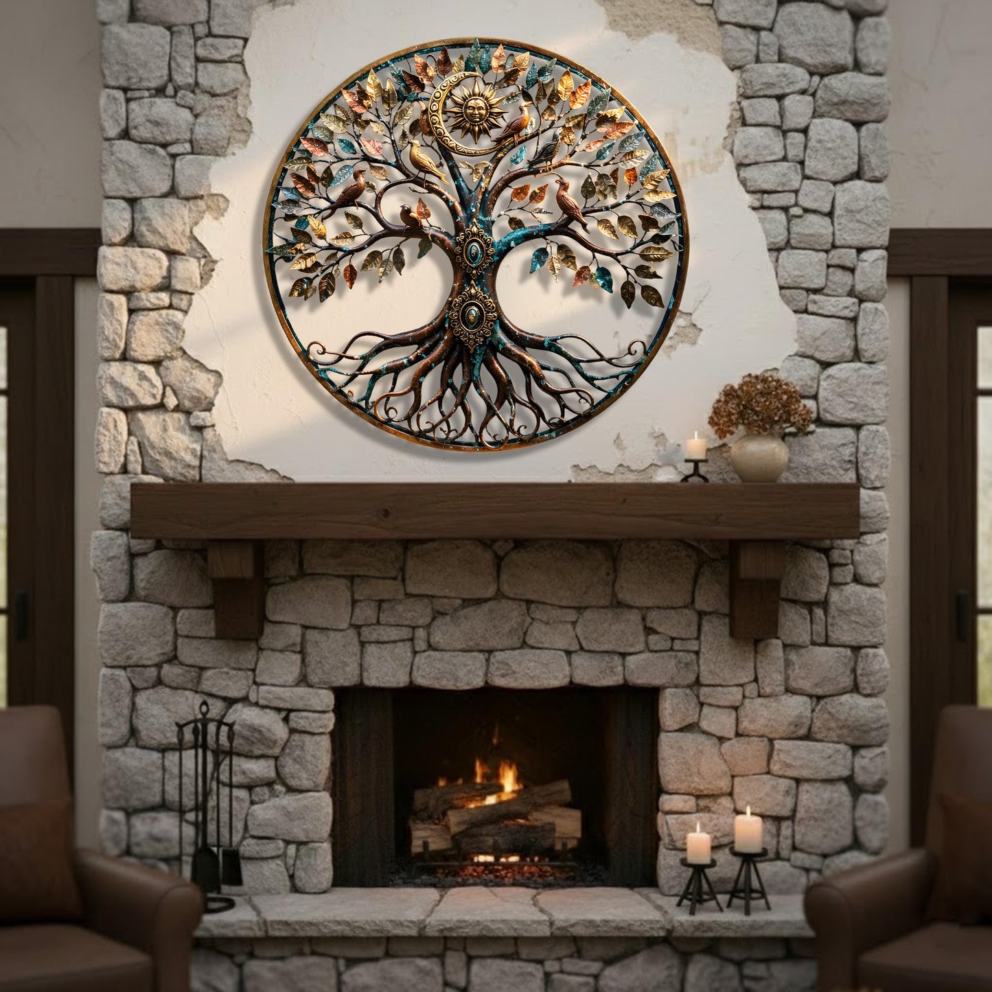 Handcrafted Tree of Life Metal Wall Art with Birds, Sun &amp; Moon Design for Living Room, Garden, and Outdoor Decor