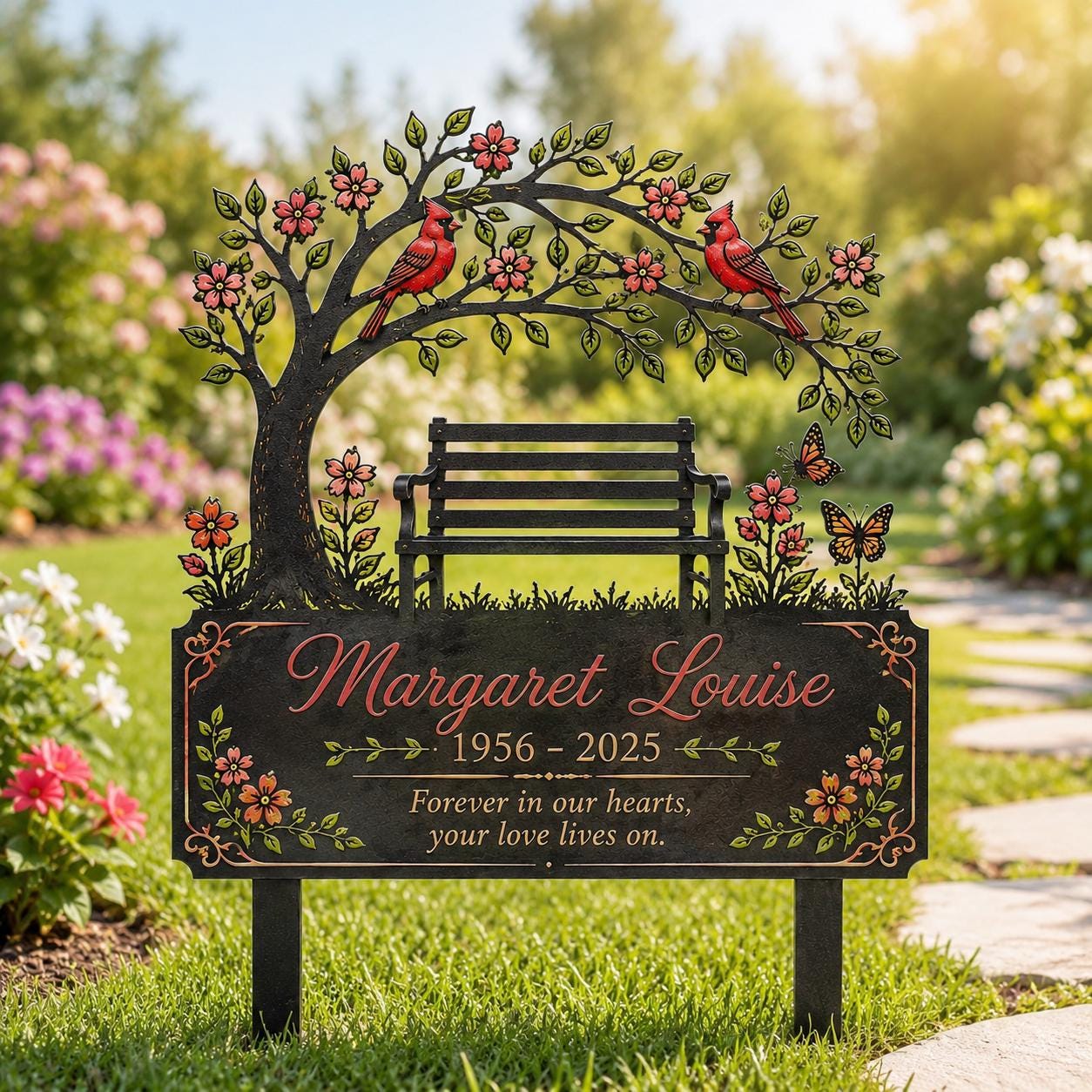 Personalized Memorial Garden Sign, Cardinal Bench Metal Stake, Custom In Memory Plaque, Remembrance Gift, Sympathy Yard Decor for Loved One