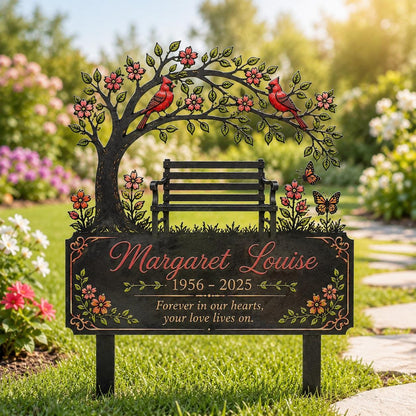 Personalized Memorial Garden Sign, Cardinal Bench Metal Stake, Custom In Memory Plaque, Remembrance Gift, Sympathy Yard Decor for Loved One