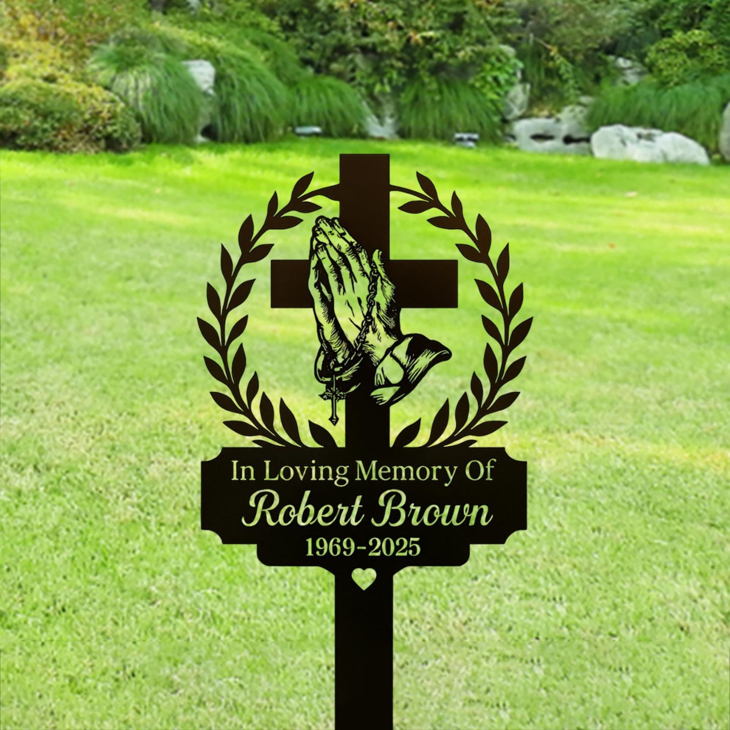 Personalized Praying Hands Memorial Cross Sign, Custom In Loving Memory Metal Stake, Christian Garden Plaque, Sympathy Gift for Loved One