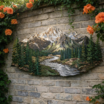 Mountain Forest Metal Wall Art Rustic Cabin Landscape Decor Outdoor Mountain Scene Metal Sign for Living Room or Office Wall Decoration