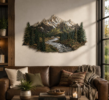 Mountain Forest Metal Wall Art Rustic Cabin Landscape Decor Outdoor Mountain Scene Metal Sign for Living Room or Office Wall Decoration
