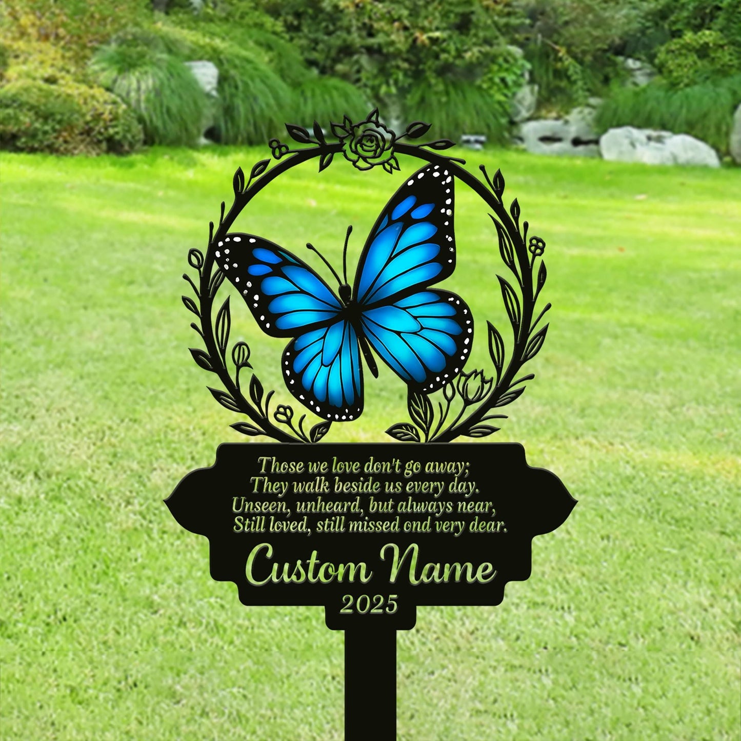 Personalized Butterfly Memorial Garden Sign, Custom In Loving Memory Metal Stake, Blue Butterfly Sympathy Plaque, Remembrance Gift Decor