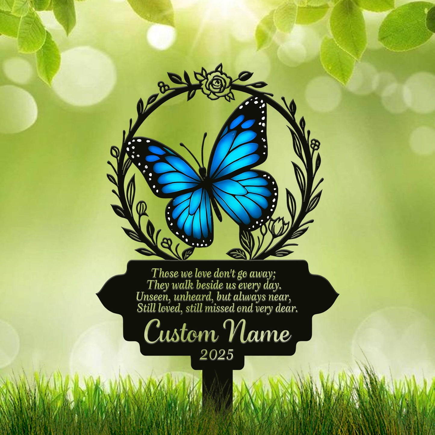 Personalized Butterfly Memorial Garden Sign, Custom In Loving Memory Metal Stake, Blue Butterfly Sympathy Plaque, Remembrance Gift Decor