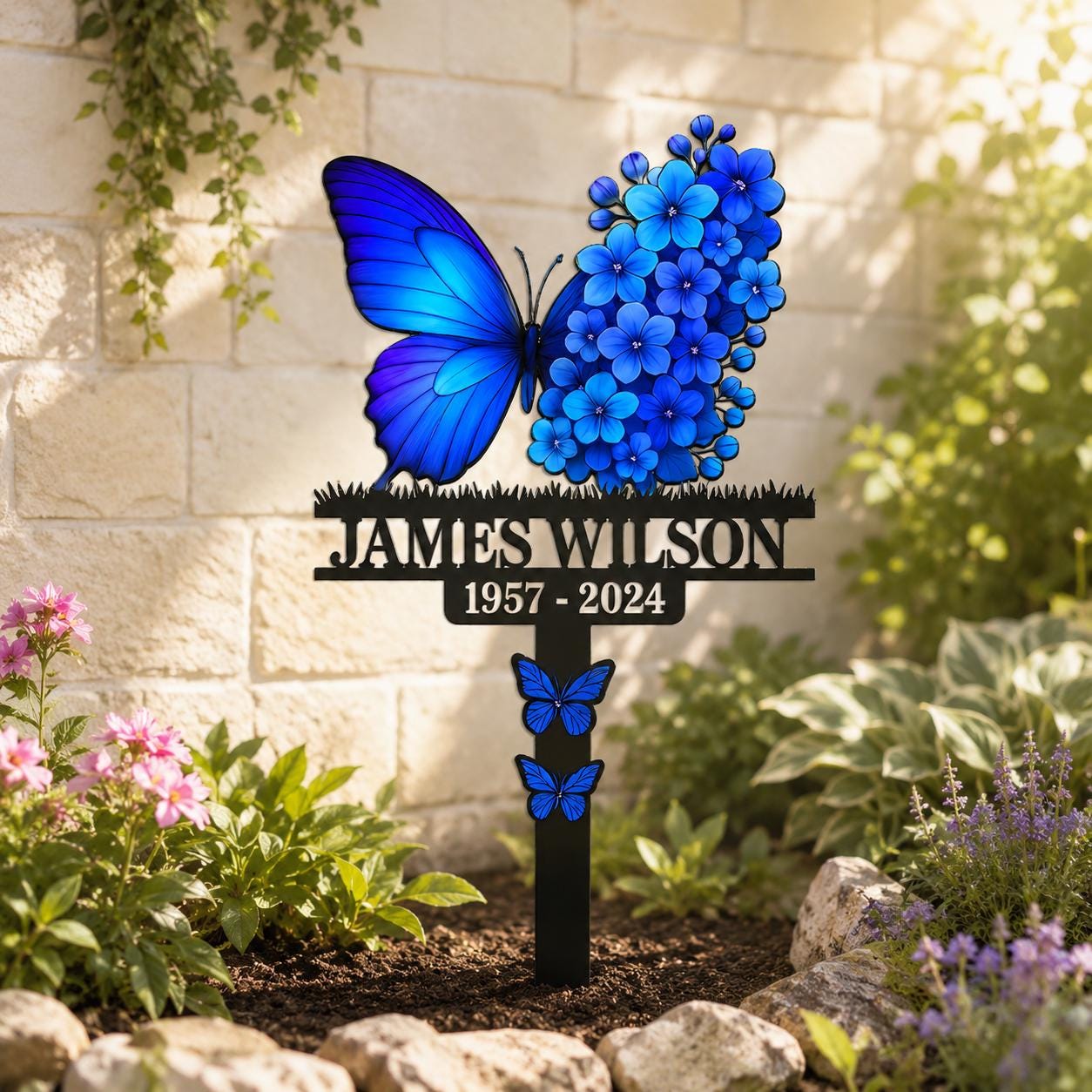 Personalized Butterfly Memorial Garden Sign, Custom Name Metal Stake, Blue Flower Remembrance Plaque, Sympathy Gift for Loved One Decor