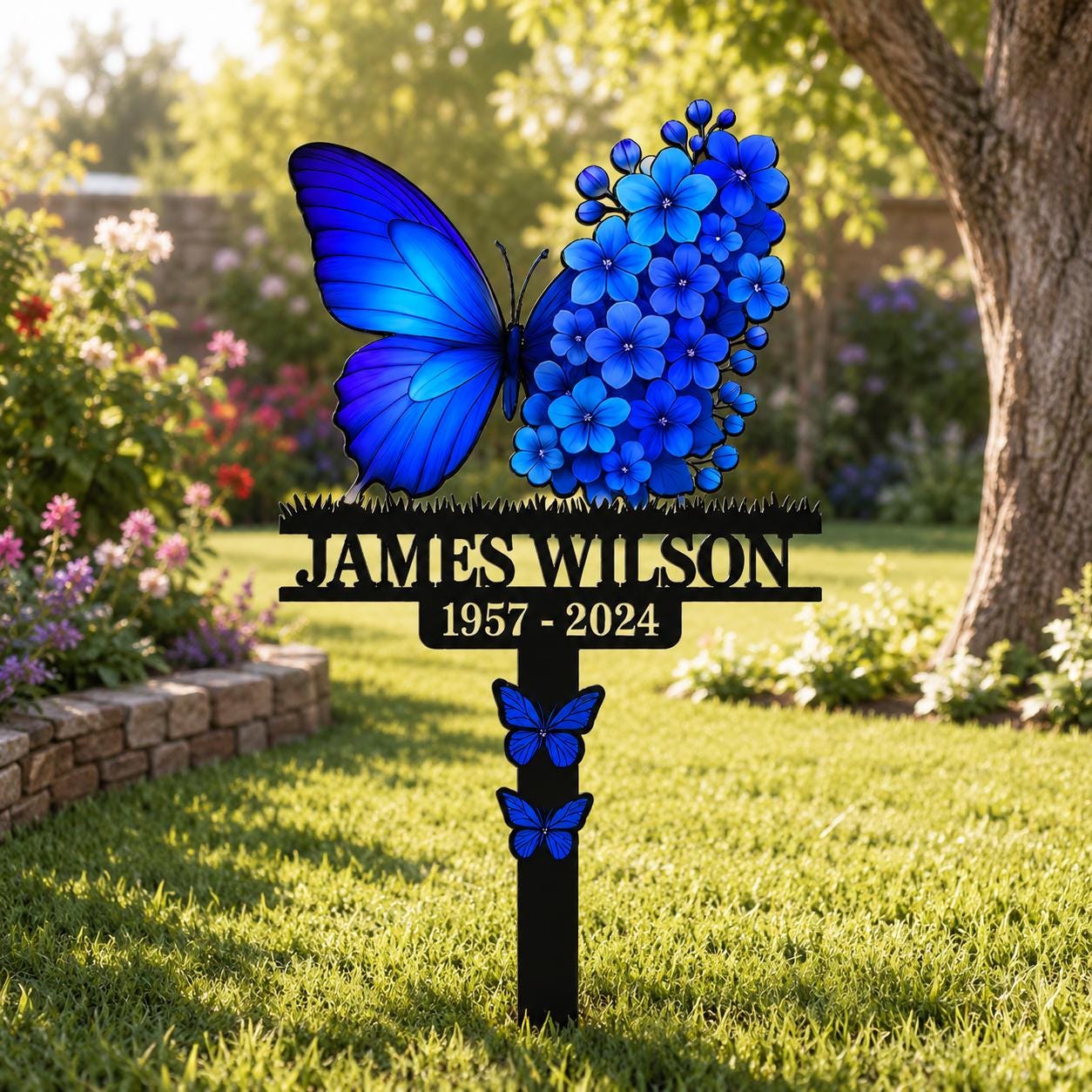 Personalized Butterfly Memorial Garden Sign, Custom Name Metal Stake, Blue Flower Remembrance Plaque, Sympathy Gift for Loved One Decor