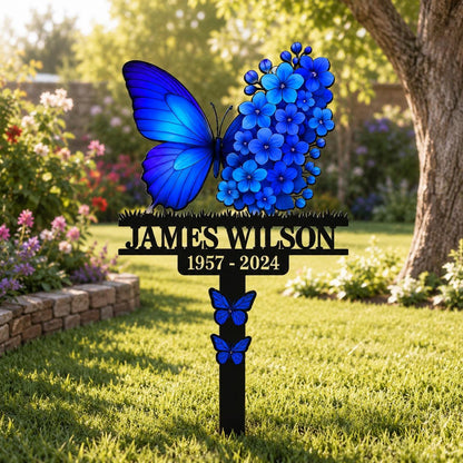 Personalized Butterfly Memorial Garden Sign, Custom Name Metal Stake, Blue Flower Remembrance Plaque, Sympathy Gift for Loved One Decor
