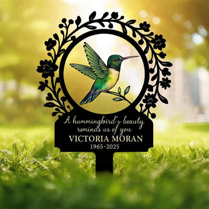 Personalized Hummingbird Memorial Garden Sign, Custom In Loving Memory Metal Stake, Floral Sympathy Plaque, Remembrance Gift for Loved One