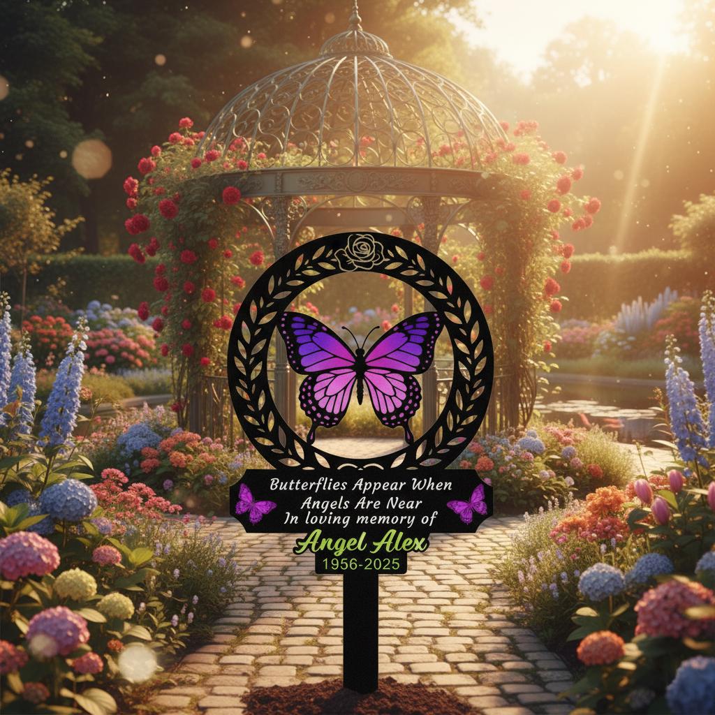 Personalized Butterfly Memorial Garden Sign, Custom In Loving Memory Metal Stake, Purple Butterfly Sympathy Plaque, Angel Remembrance Gift