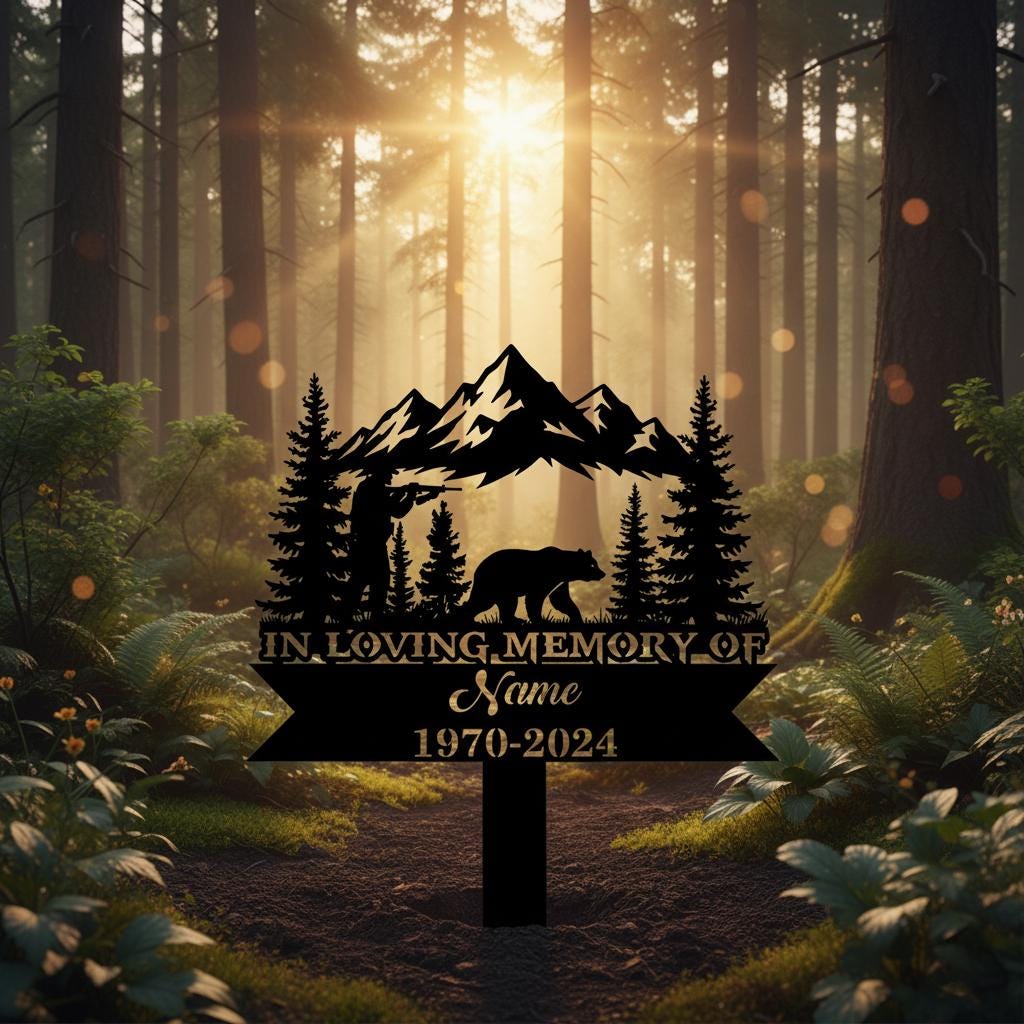 Personalized Hunter Memorial Garden Sign, Custom Bear Mountain Metal Stake, In Loving Memory Plaque, Sympathy Gift for Outdoor Loved One