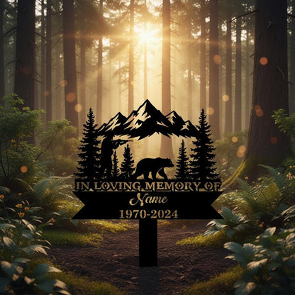 Personalized Hunter Memorial Garden Sign, Custom Bear Mountain Metal Stake, In Loving Memory Plaque, Sympathy Gift for Outdoor Loved One