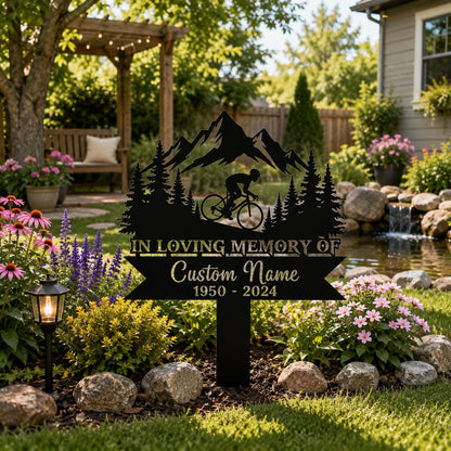 Personalized Cycling Memorial Garden Sign, Custom Mountain Bike Metal Stake, In Loving Memory Plaque, Sympathy Gift for Cyclist Loved One