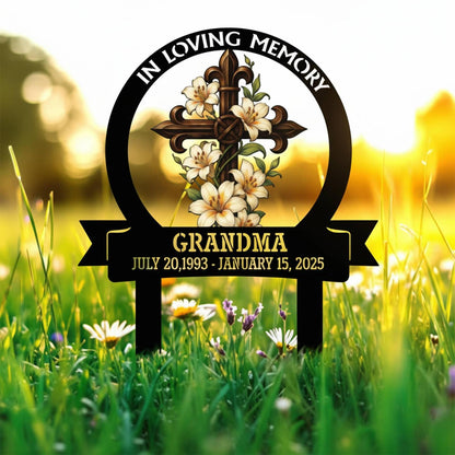 Personalized Memorial Garden Sign, Custom Cross Lily Metal Stake, In Loving Memory Plaque, Sympathy Gift, Graveside Remembrance Decor Gift