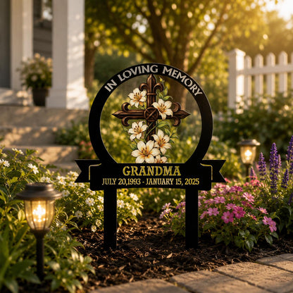 Personalized Memorial Garden Sign, Custom Cross Lily Metal Stake, In Loving Memory Plaque, Sympathy Gift, Graveside Remembrance Decor Gift
