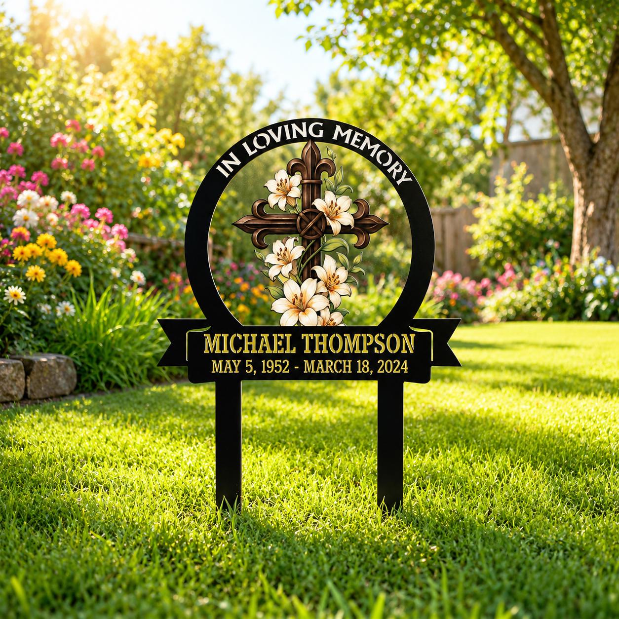 Personalized Memorial Garden Sign, Custom Cross Lily Metal Stake, In Loving Memory Plaque, Sympathy Gift, Graveside Remembrance Decor Gift