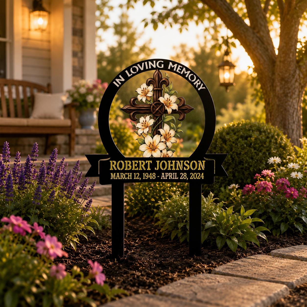 Personalized Memorial Garden Sign, Custom Cross Lily Metal Stake, In Loving Memory Plaque, Sympathy Gift, Graveside Remembrance Decor Gift