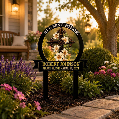 Personalized Memorial Garden Sign, Custom Cross Lily Metal Stake, In Loving Memory Plaque, Sympathy Gift, Graveside Remembrance Decor Gift