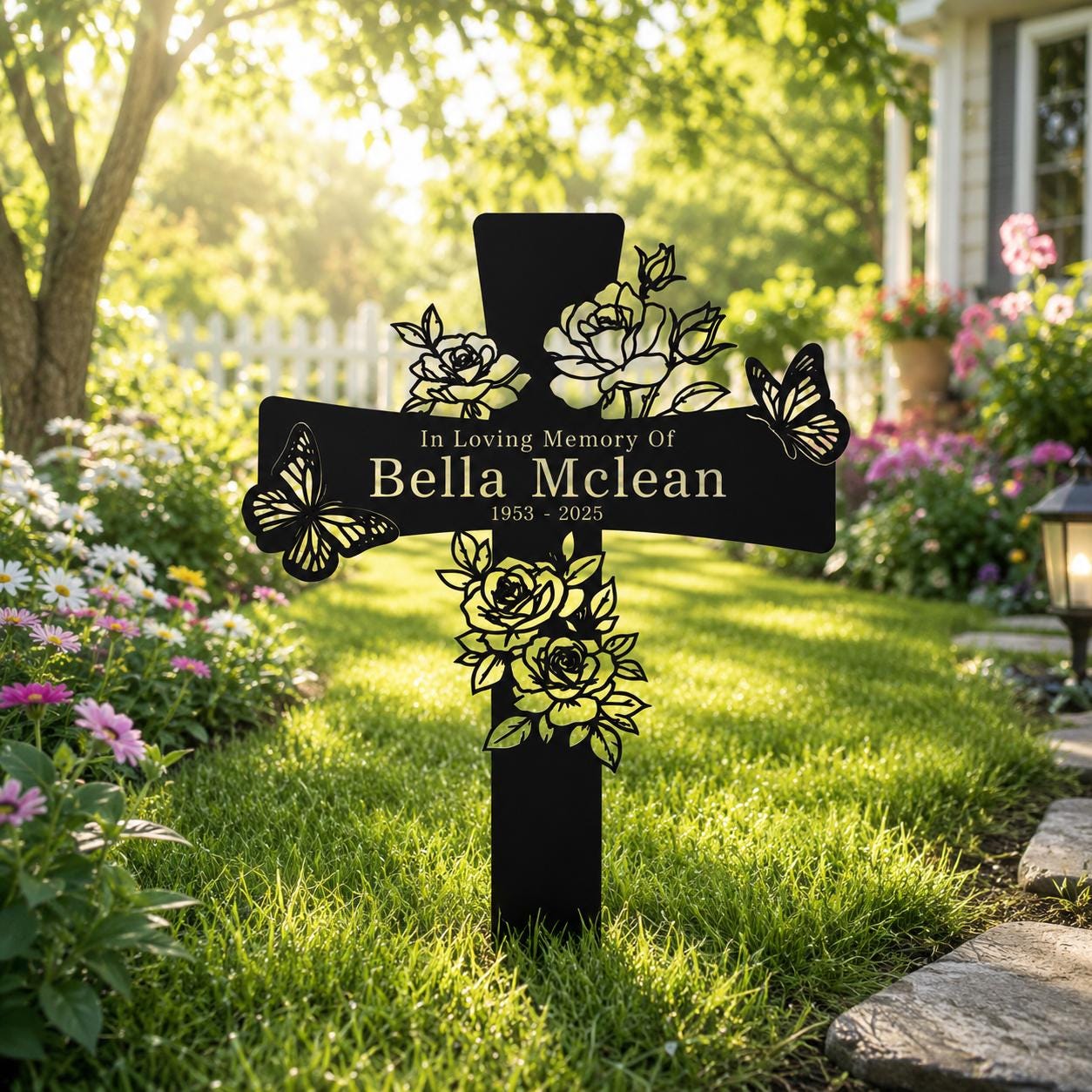 Personalized Rose Memorial Cross Sign, Custom Butterfly In Loving Memory Metal Stake, Floral Sympathy Plaque, Graveside Remembrance Gift