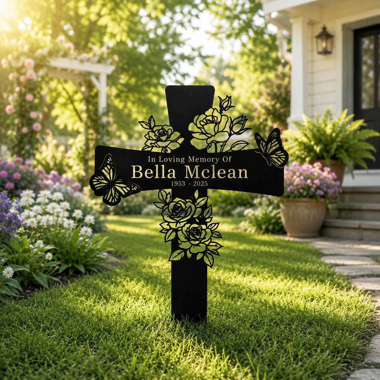 Personalized Rose Memorial Cross Sign, Custom Butterfly In Loving Memory Metal Stake, Floral Sympathy Plaque, Graveside Remembrance Gift