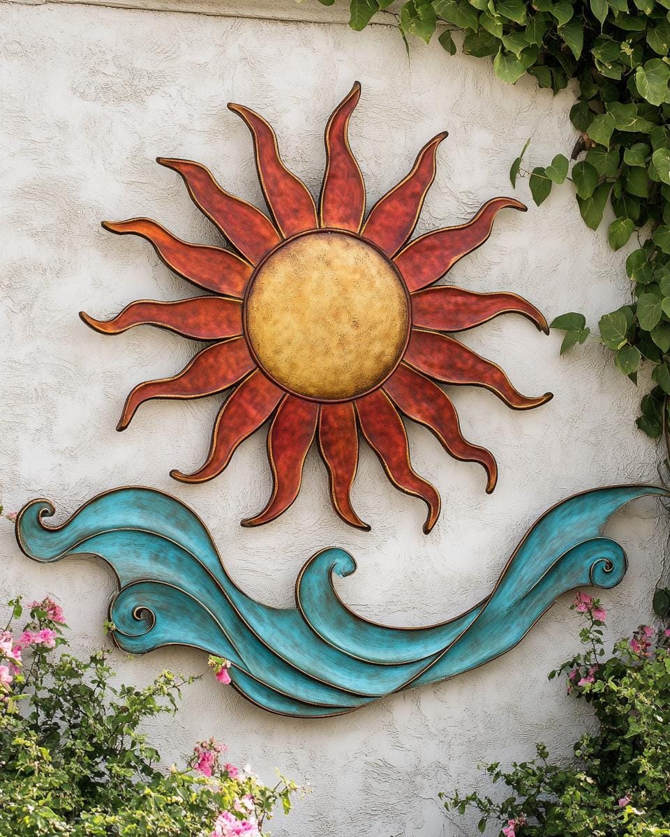 Sunrise Metal Wall Art Heat Colored Sunburst Decor Outdoor Garden Wall Hanging Coastal Patio Sign Modern Yard Home Decor Gift