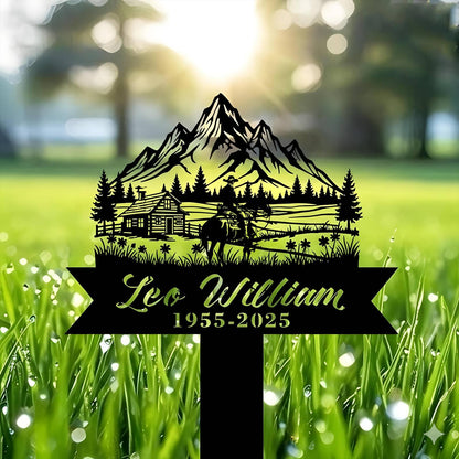 Personalized Memorial Garden Stake, Mountain Cabin Horse Metal Yard Sign, Custom Name Dates Sympathy Grave Marker, Outdoor Remembrance Gift