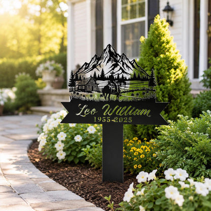 Personalized Memorial Garden Stake, Mountain Cabin Horse Metal Yard Sign, Custom Name Dates Sympathy Grave Marker, Outdoor Remembrance Gift