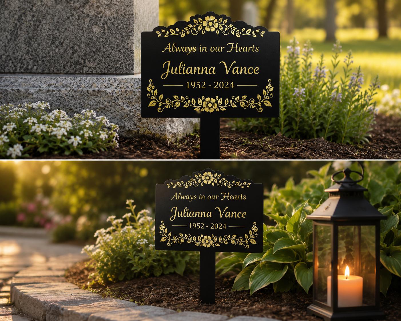 Personalized Memorial Garden Stake, Always in Our Hearts Metal Sign, Custom Name Dates Grave Marker, Floral Sympathy Gift