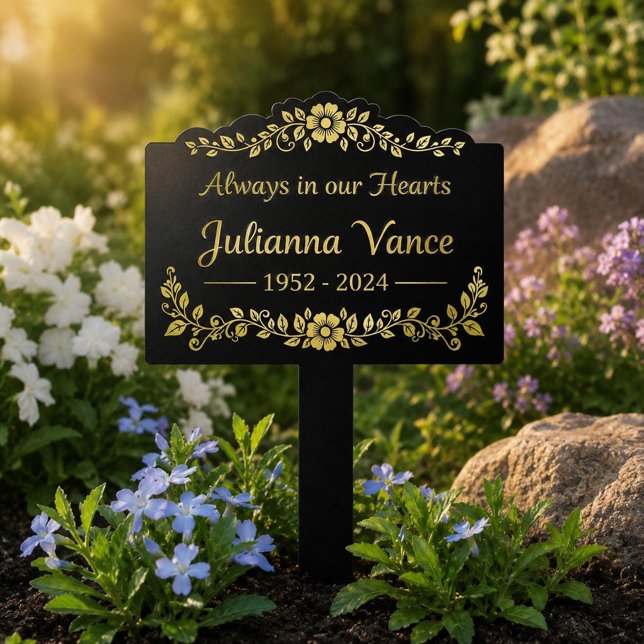 Personalized Memorial Garden Stake, Always in Our Hearts Metal Sign, Custom Name Dates Grave Marker, Floral Sympathy Gift