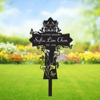 Personalized Cross Memorial Garden Stake, Custom Aluminum Metal Sign, In Loving Memory Grave Marker, Dove Butterfly Sympathy Gift