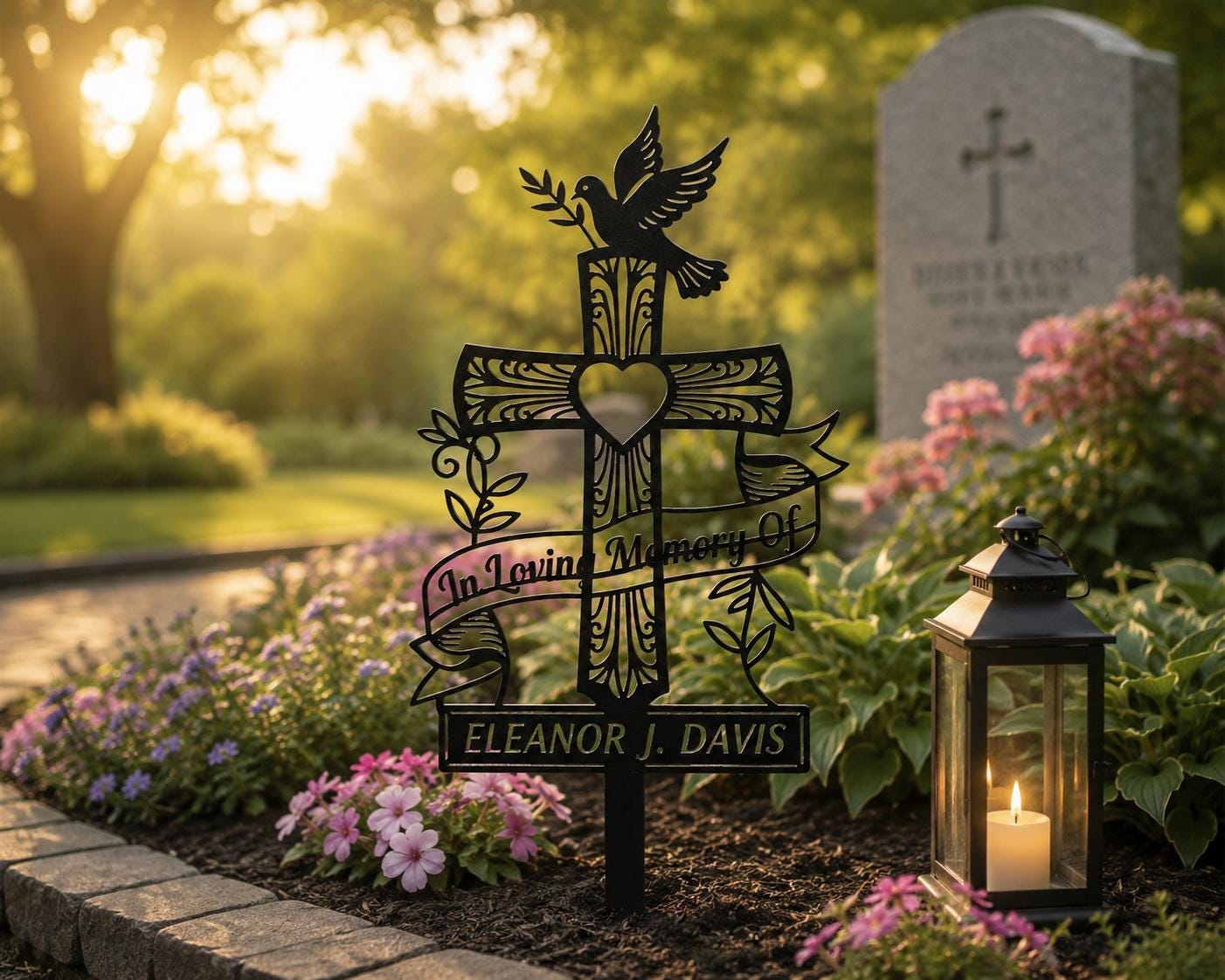 Personalized Cross Memorial Garden Stake, Dove Heart Aluminum Metal Sign, Custom In Loving Memory Grave Marker, Sympathy Gift