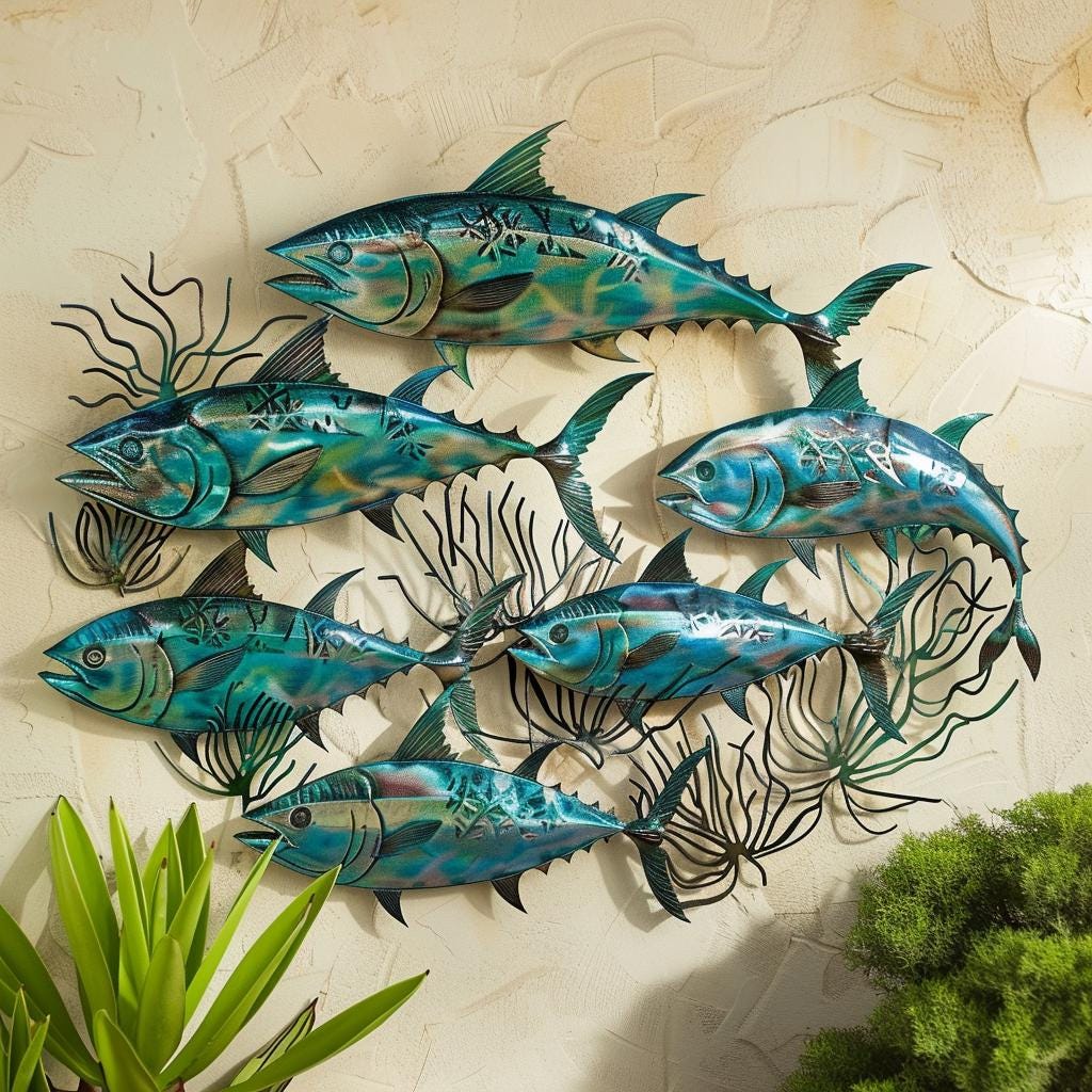 School of Tuna Fish Metal Wall Art Ocean Fish Wall Decor Coastal Metal Sign Beach House Patio Garden Decor Fisherman Gift For Dad