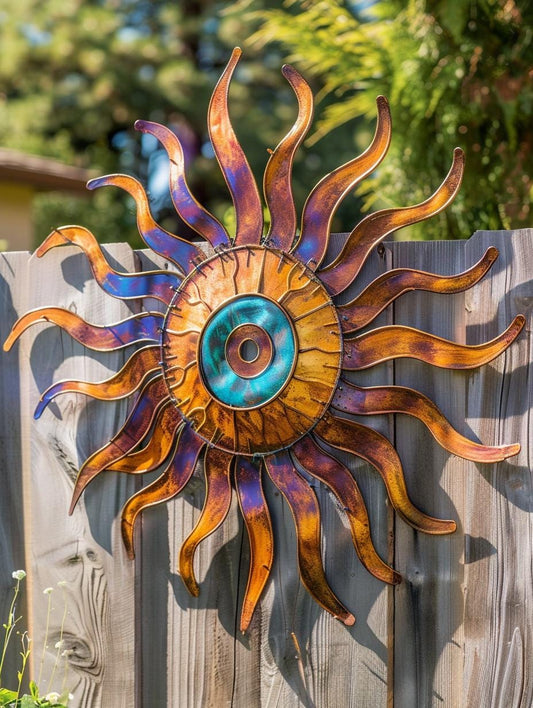 Wacky Sun Metal Wall Art Heat Colored Titanium Sun Sign Whimsical Spiral Sun Outdoor Patio Garden Decor Unique Handmade Gift