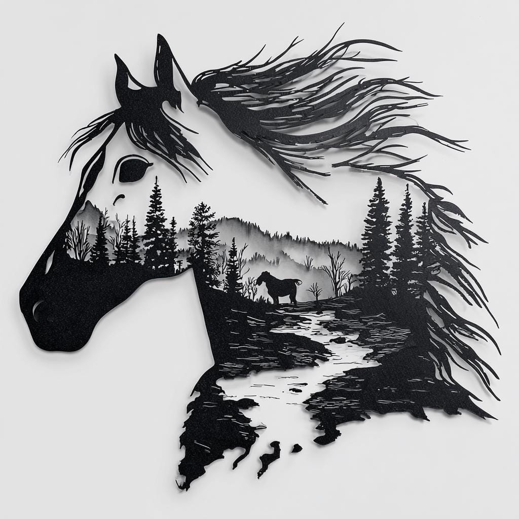 Horse Metal Wall Art, 2D Aluminum Horse Head Sign, Mountain Forest Western Wall Decor, Rustic Ranch Gift
