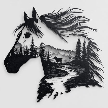 Horse Metal Wall Art, 2D Aluminum Horse Head Sign, Mountain Forest Western Wall Decor, Rustic Ranch Gift