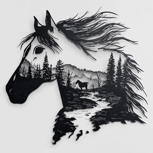 Horse Metal Wall Art, 2D Aluminum Horse Head Sign, Mountain Forest Western Wall Decor, Rustic Ranch Gift