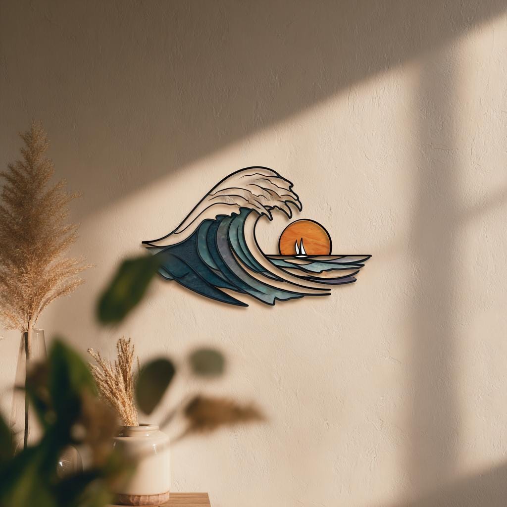 Ocean Wave 2D Metal Wall Art, Coastal Aluminum Wall Decor, Sunset Sailboat Beach House Sign, Nautical Ocean Decor, 4 Designs